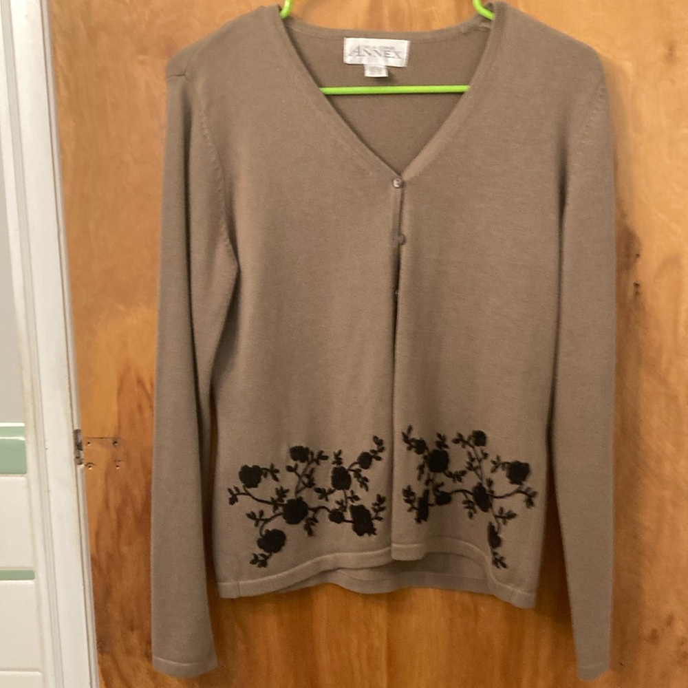 Casual Corner Annex Soft Brown with Black Embroidered Sweater
